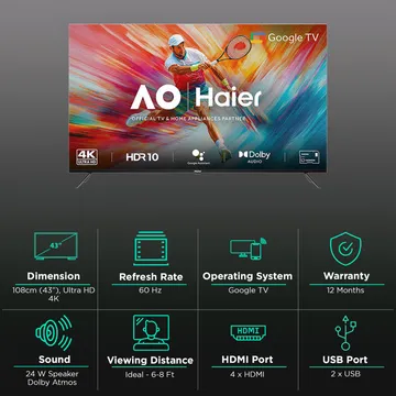 Haier LE43A900UG 109 cm (43 inch) LED 4K Ultra HD Google TV with Dolby Vision & Dolby Atmos (2024 model)